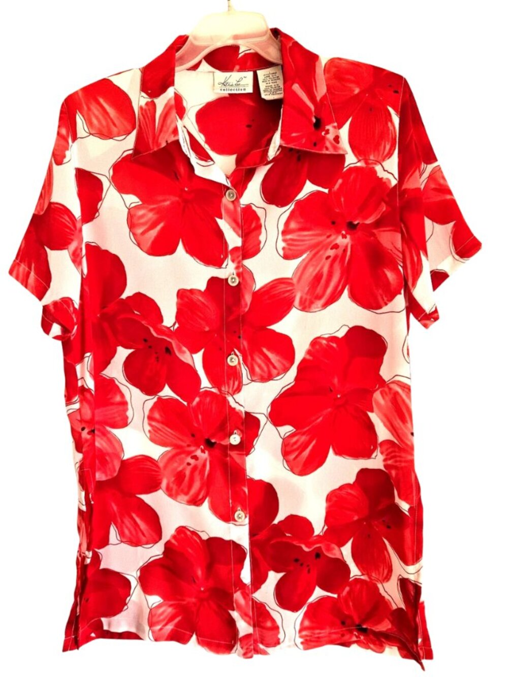 Kathy Lee Blouse Womens Large White Red Floral Short Sleeve Button Up Top Shirt